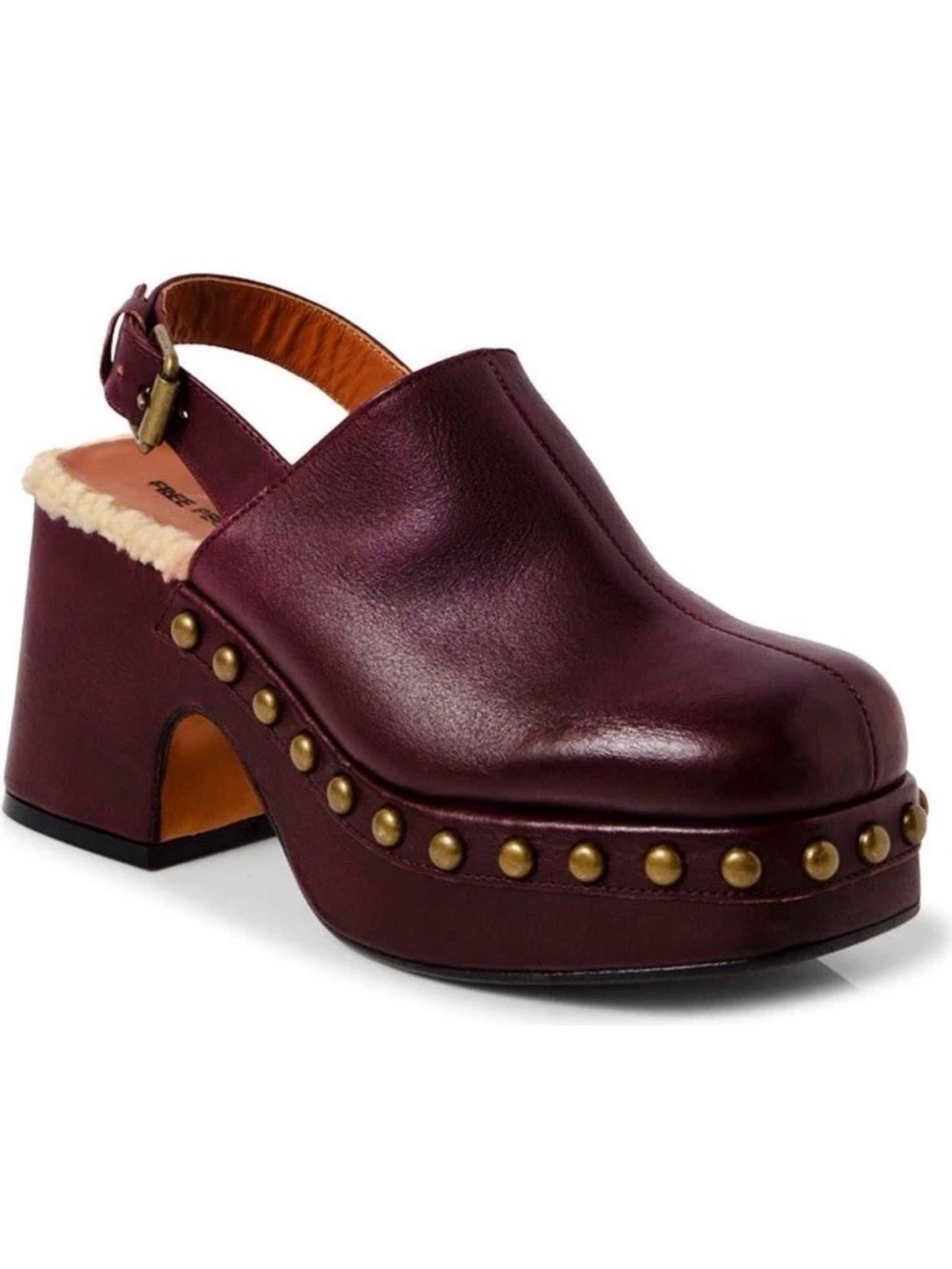 Free People Burgundy Leather Studded Slingback Clog with Shearling Trim
